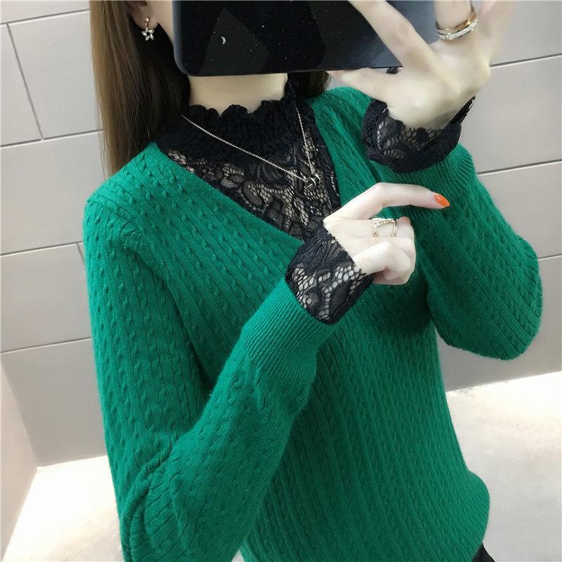 Autumn and Winter Fashion Simple Bottoming Shirt Lace Stitching V-neck Sweater Fashion Knitted Women's Top