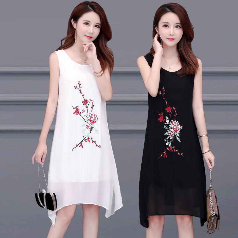 Chiffon Vest Elegant Dress Female Large Round Neck Sleeveless Embroidery Versatile Vest Holiday Dress