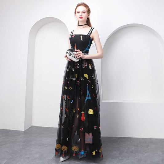 Sling Evening Dress Female Noble Sexy Dinner Fashion Lady Black Dress Long Catwalk