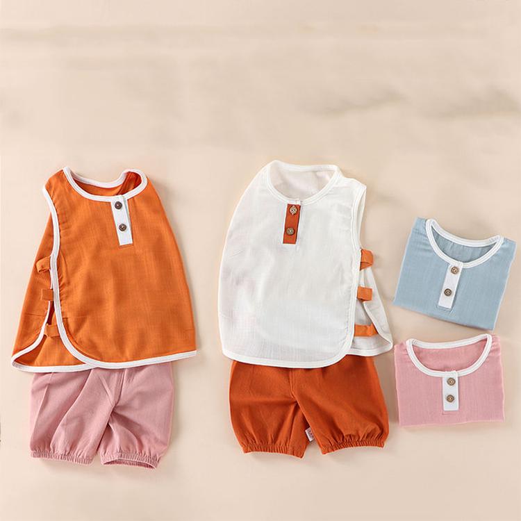 Children's Suit Summer Thin Boys and Girls Baby Breathable Stitching Button Sleeveless Shorts Two Piece Set Casual Wear