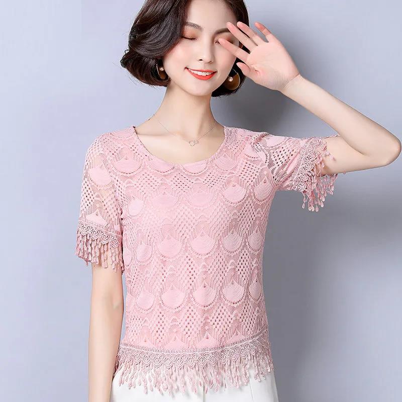 Summer Women's Loose Lace Round Neck Short Sleeve Large Size All-match Top