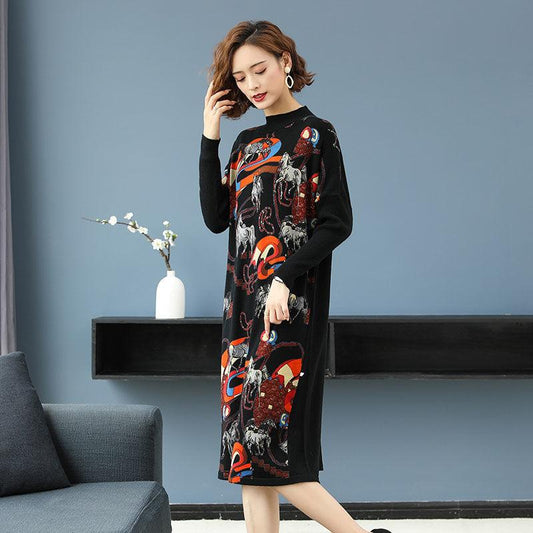 Long Printed Dress Autumn and Winter Calf-length Cardigan Loose Large Size All-match Knitted Pullover Sweater