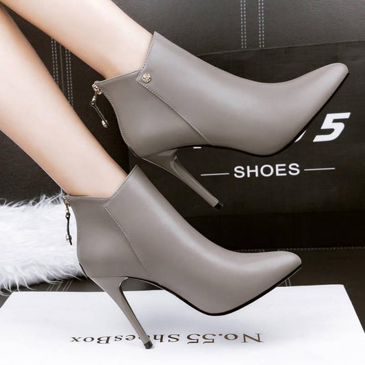 Ankle Boots Women Shoes Patent Leather Pu Pointed Toe Thin High Heels Front Zipper Boots Booties