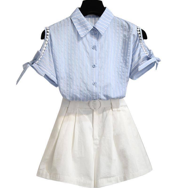 Short Set Summer Women Off-shoulder Short Sleeve Striped Shirt Loose Shorts Two-piece Suit