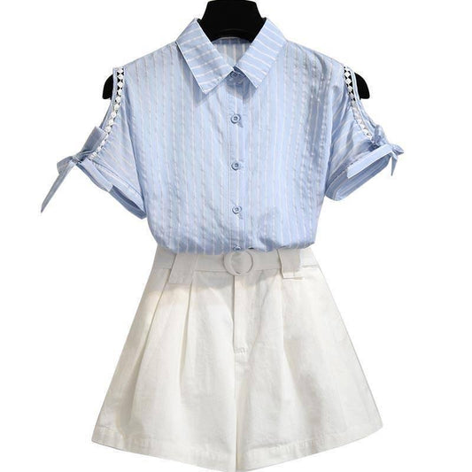 Short Set Summer Women Off-shoulder Short Sleeve Striped Shirt Loose Shorts Two-piece Suit