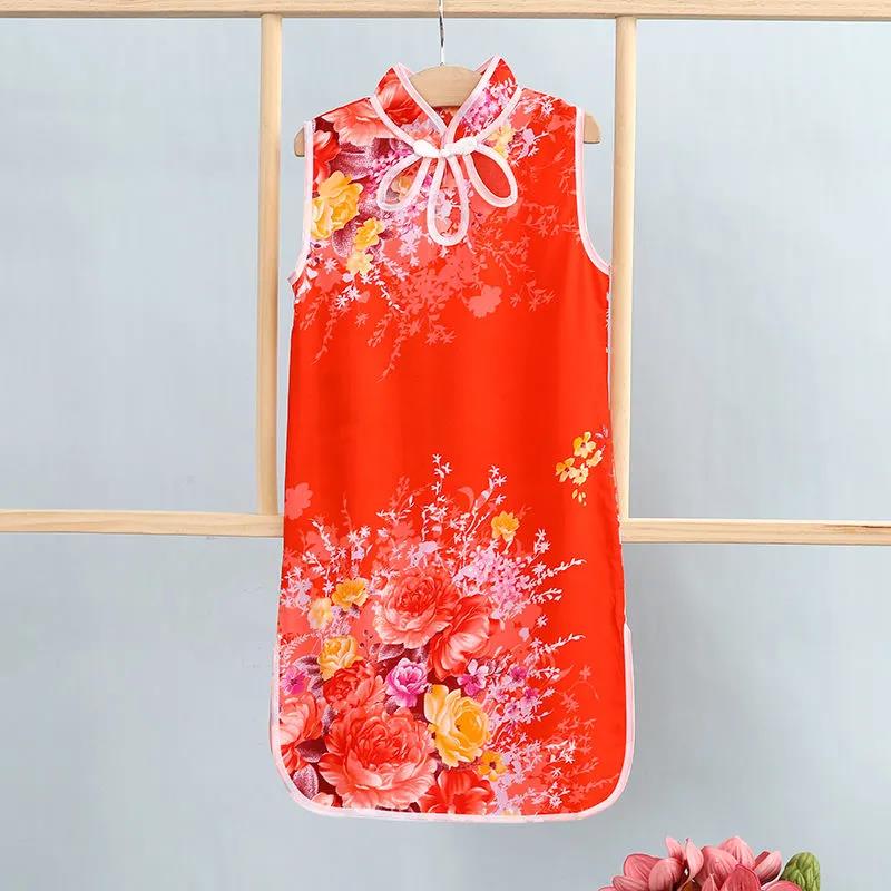 Children Dress Children's Tang Suit Girls Summer Thin Dress Cheongsam Printed Floral Cheongsam Chinese Style Sleeveless Dress