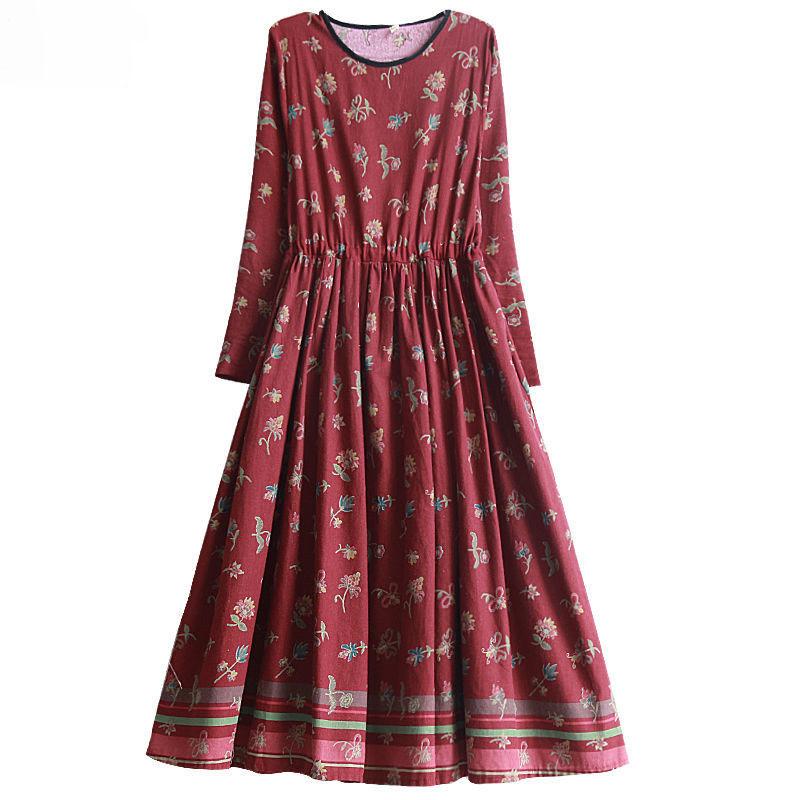 Hua Funi Retro Big Swing Cotton and Linen Women's Dress Spring Super Long Print Waist Temperament Long Skirt Loose Ethnic Style Dress