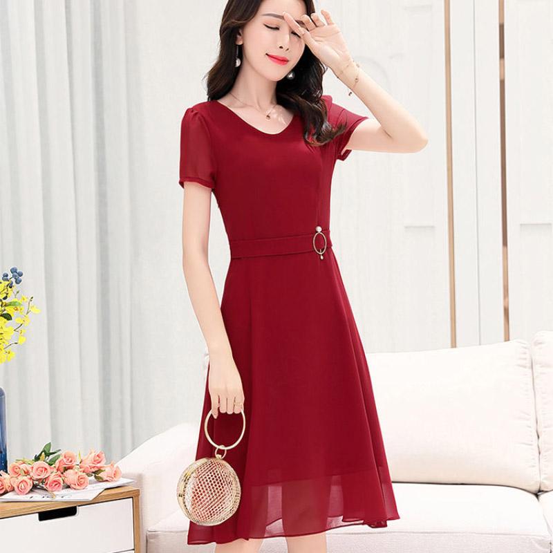 Pure Color Chiffon Dress Women's Spring Summer Short-sleeved V-neck Slim Mid-length Dress