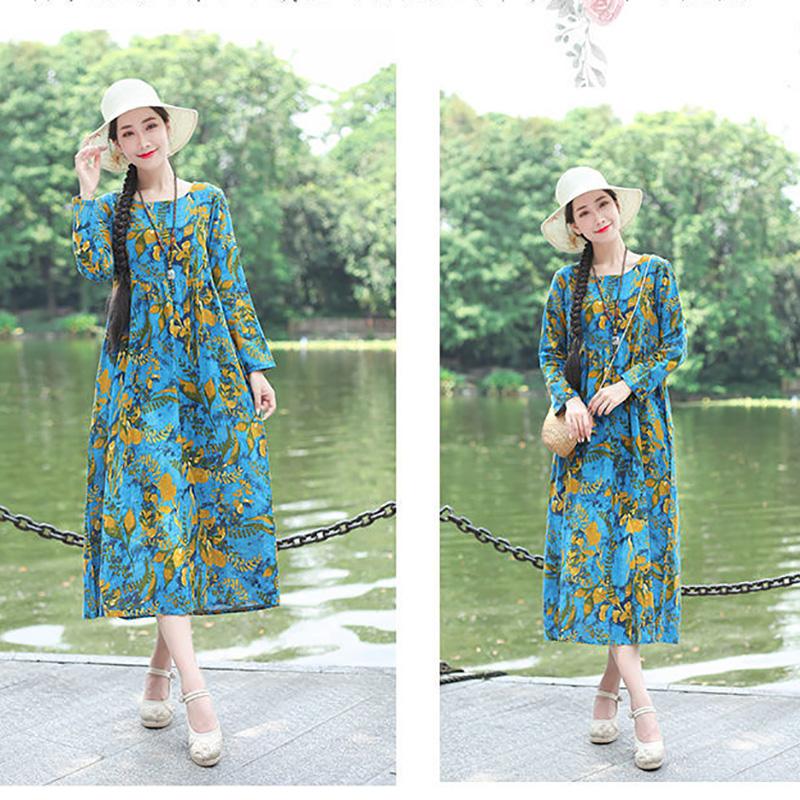 Ladies Spring and Autumn Long-sleeved Dress Retro Loose Large Size Ethnic Style Long Print New A-line Skirt