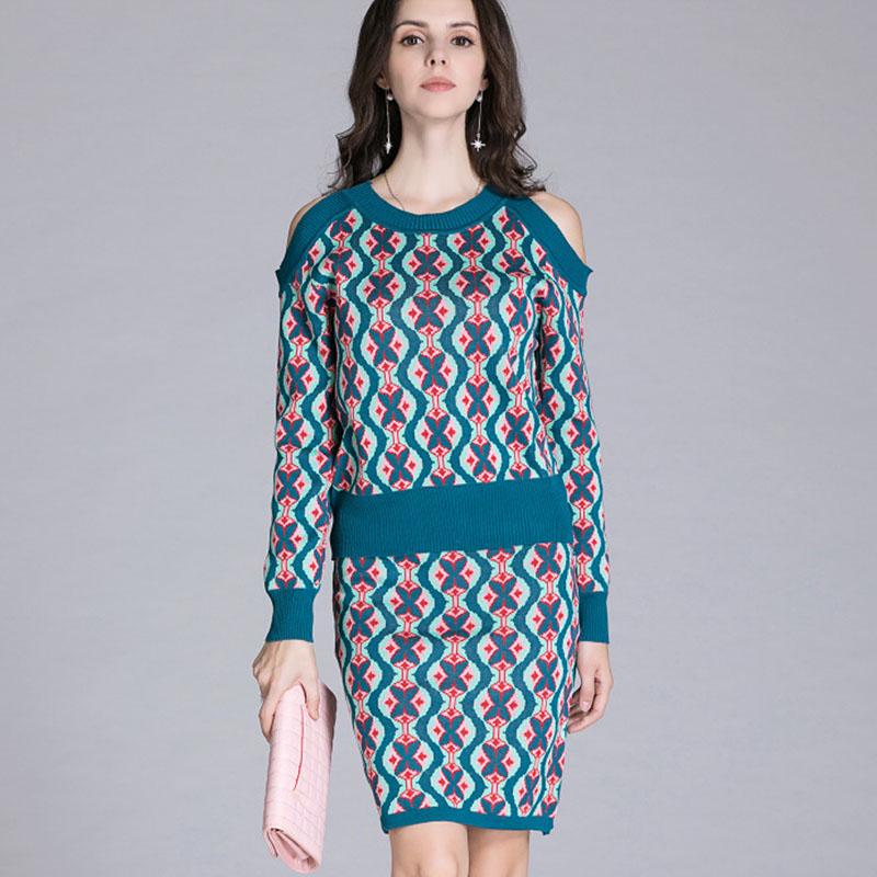 Women's Sweater Skirt Set Vintage Printed Off-shoulder Knitted Sweater Top and Bodycon Knitted Skirt Two-piece Set Female Outfits