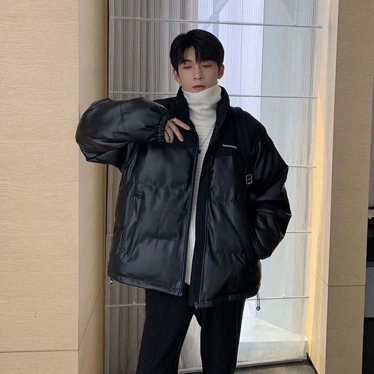 Loose and Thick PU Leather Cotton Jacket Men's Winter Korean Style Trendy Stand-up Collar Short Bread Suit Cotton Jacket Ins
