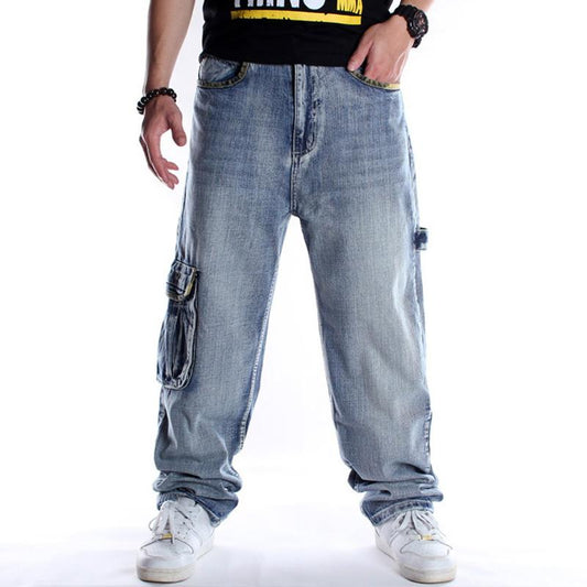 Hip Hop Jeans Plus Size Straight Loose Blue Denim Pants  Big Pockets Camouflave Ribbon Fashion Casual Mens Baggy Jean Trousers 40 42 44 46