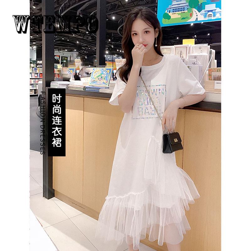 Women Mesh Patchwork Short Sleeve Ball Gown Elegant Casual A -Line Dresses O Neck Knee -Length Dress