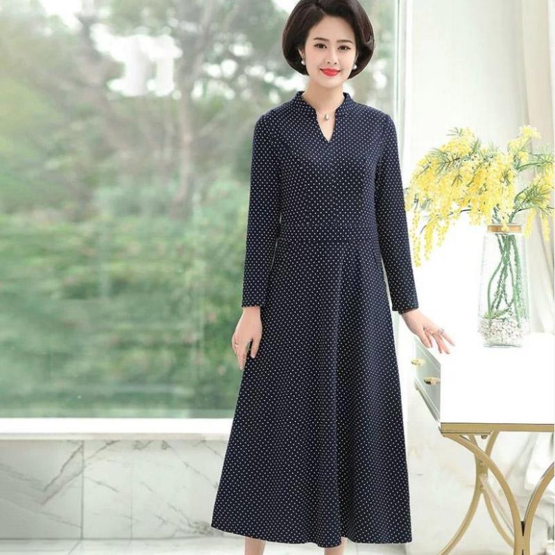 Middle-aged Elderly Women's Dresses Spring Summer Waist Long Dress Retro Printing Mid-length Plus Size Women's Clothing