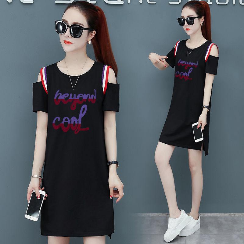 Cotton Mid-length T-shirt Women's Round Neck Short-sleeved Dress Loose and Thin T-shirt Skirt Round Neck Strapless Mid-length T-shirt Skirt Women