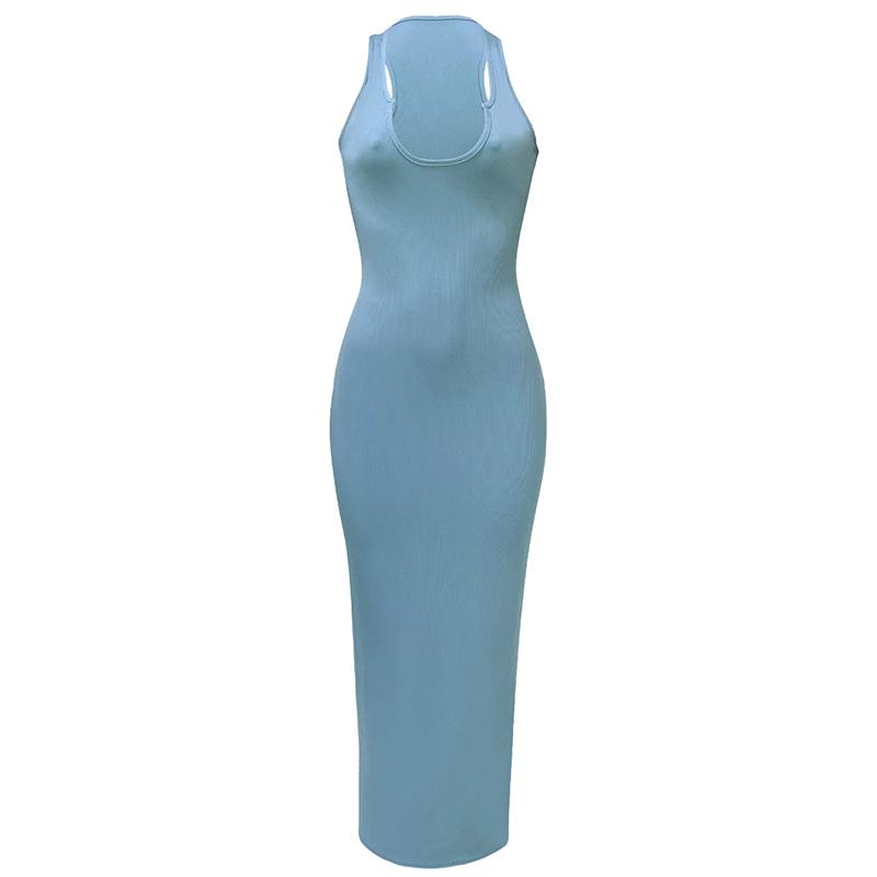 Spring and Summer Sling Dress Slim Sexy Long Dress Low-cut Solid Color Standard Size High Elasticity