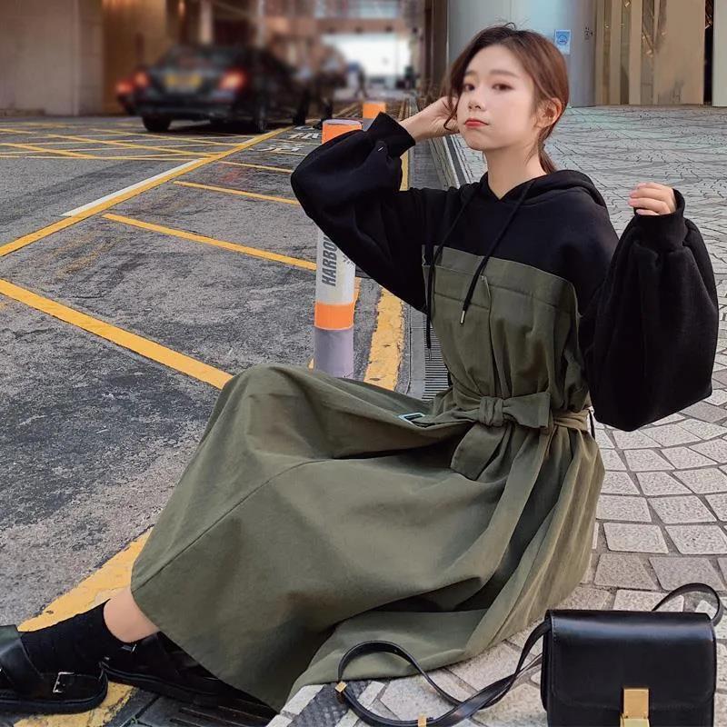 S-XXL Mid-calf Sweater Dress with Belt Women Spring and Autumn Plus Size Hooded Long Sleeve Loose Dress Thicken Cotton