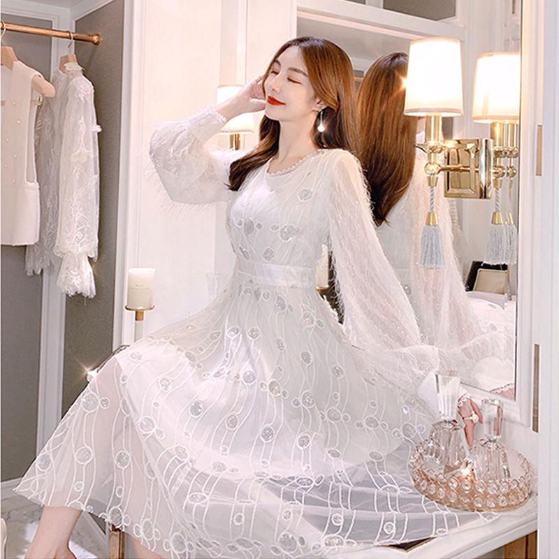 Women's autumn and winter mesh tassel sequins skirt large size inside dress long dress Slim dress