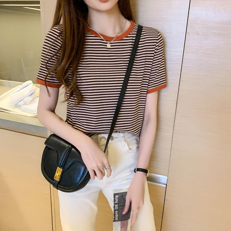 Short-sleeved Women's T-shirt Top Bottoming Shirt Loose Half-sleeve Striped T-shirt