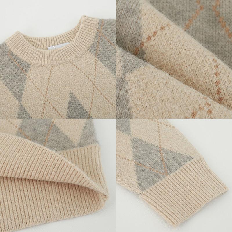 Retro Rhombus Color Matching Round Neck Sweater Men's Tide Brand Loose Knitted Sweater Women's Lazy Style Casual All-match Couple's Sweater