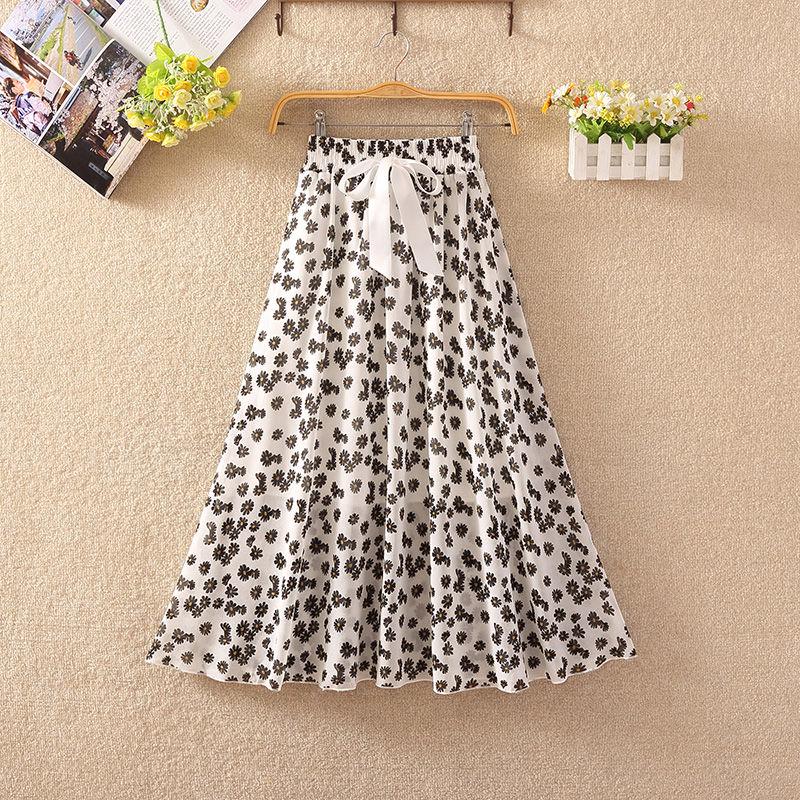 Summer High Waist Chiffon Women Midi Skirts Casual Floral Print Female Skirt Maxi Beach Skirt