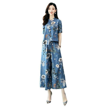 Retro Print Fashion Suit Women's Summer Loose and Thin Temperament Wide-leg Pants Two-piece Casual Suit Retro Chinese Style