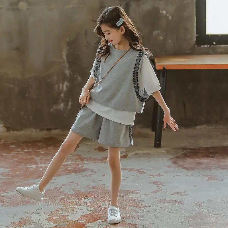 Girls' Casual Sports Suits, Summer Clothes, Big Children's Fashion, Net Red, Western Style, Loose Cotton Three Pieces
