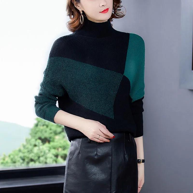 Women's Simple Splicing Turtleneck Sweater Loose Casual Knitted Bottoming Shirt Color Matching Fashion Temperament Sweater