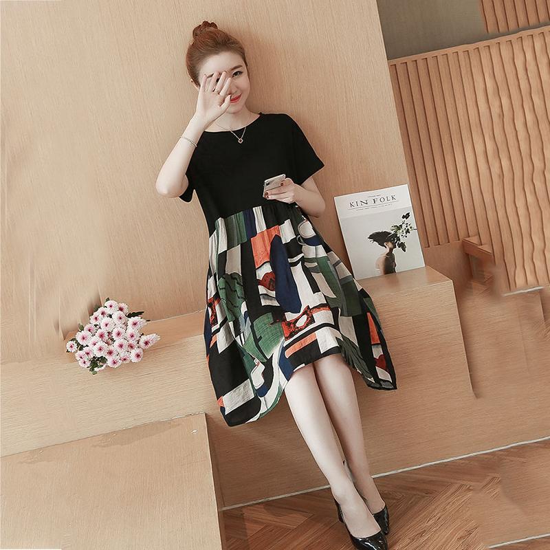 Splicing Vintage M-XXXXXL Summer Polyester Short-sleeved Knee-length A-line Dress