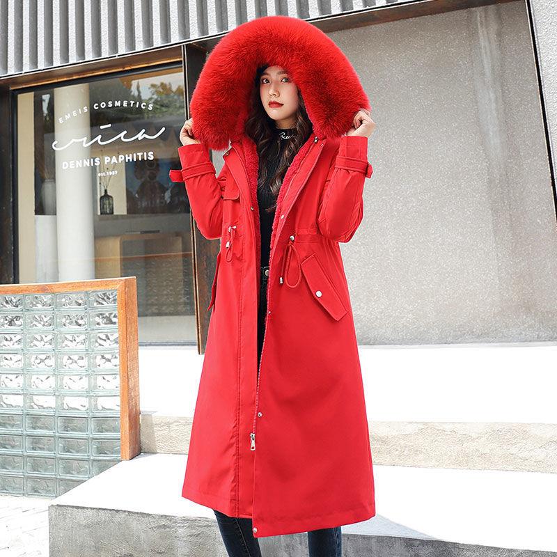 Women's Fashion Winter Down Jacket Medium Length Thickened Warm Women's Parka Hooded Wool Collar Cotton Padded Jacket