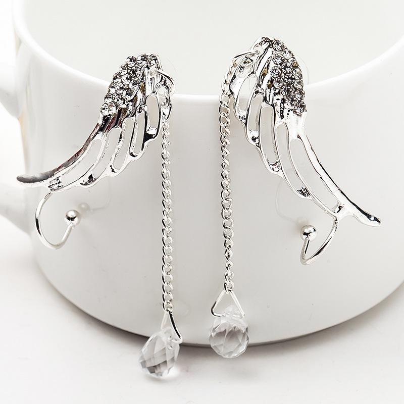 Water Drop Stud Earrings Angel Wing Crystal Long Earrings Earless Ear Clips