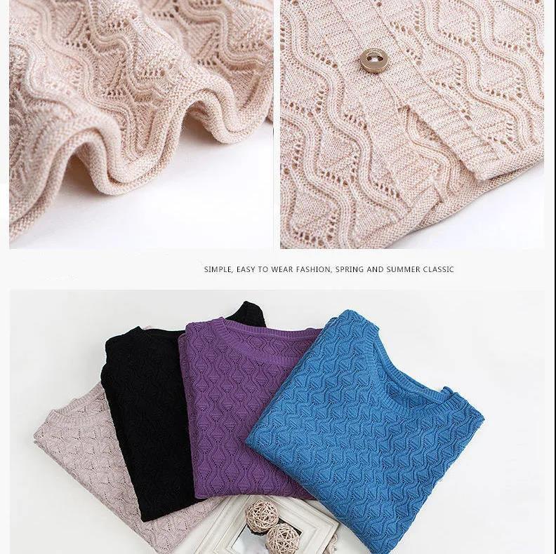 Women Knitted Shirt Solid Color Hollow T-shirt Three-quarter Sleeve Shirt Casual Comfortable Pullover Summer