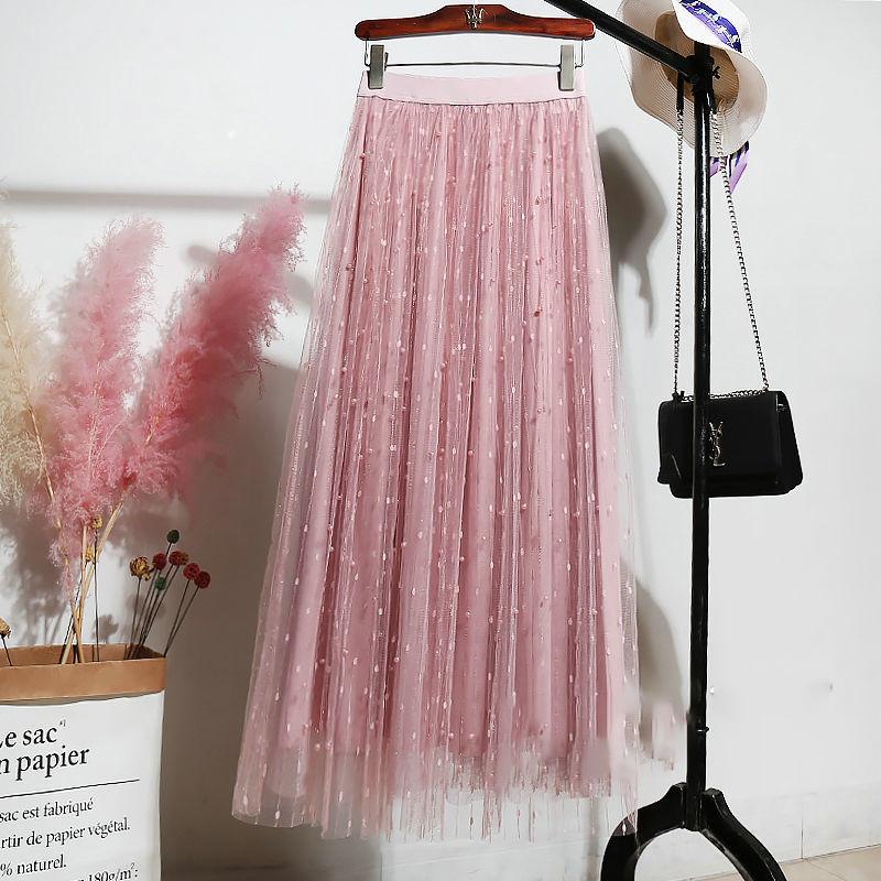 Four Seasons Can Wear Half-length Skirt Female Heavy Industry Beaded Bright Silk Gauze Sweet Fairy Long Skirt Three-layer Fabric A-line Skirt
