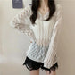 V-neck Knitted Sweater Hollow Loose Long-sleeved Thin Sunscreen Top Women's Blouse Tops Summer
