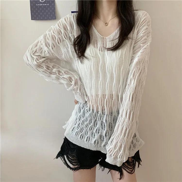 V-neck Knitted Sweater Hollow Loose Long-sleeved Thin Sunscreen Top Women's Blouse Tops Summer