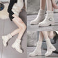 Female Socks Stitching Leather Martin Boots All-match Student Block Heel Ankle Boots British Style Snow Boots Black and White