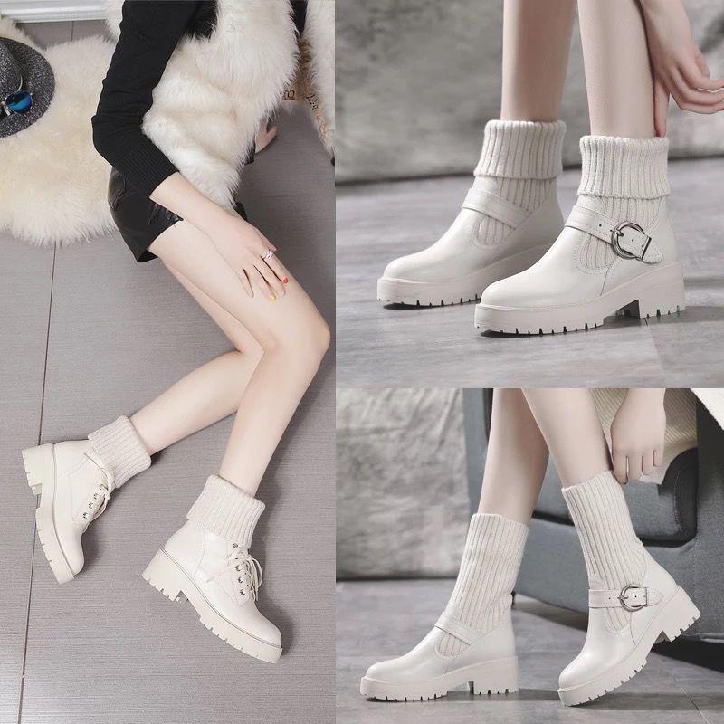 Female Socks Stitching Leather Martin Boots All-match Student Block Heel Ankle Boots British Style Snow Boots Black and White