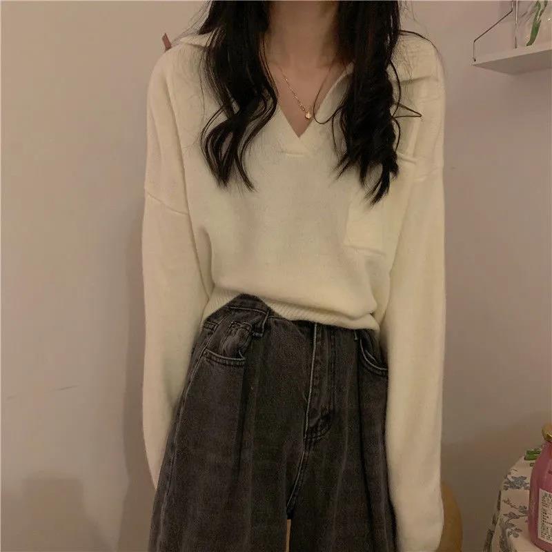 Autumn and Winter Students Lazy Wind V-neck Long-sleeved Sweater Loose Outer Wear Pullover Sweater Women