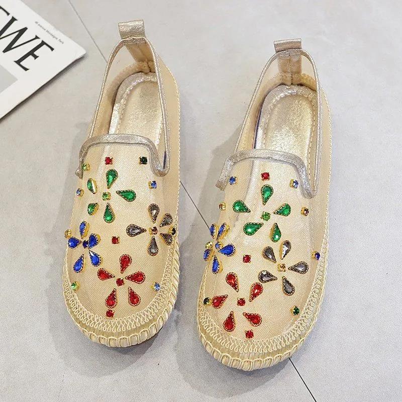 Mesh Flat-bottomed Sandals, Women's Summer Colored Diamond Embroidery, No Heel Lazy Fisherman Shoes