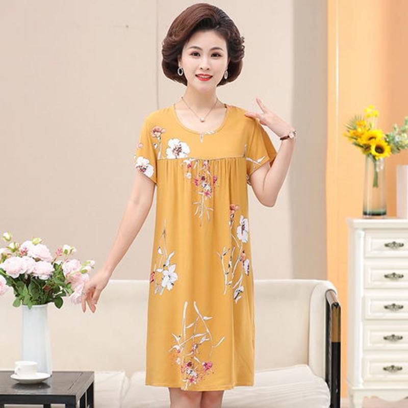 Nightdress Female Summer Cotton Silk Mid-length Short-sleeved Plus Size Dress 40-year-old Pajamas Home Service Mother Wear