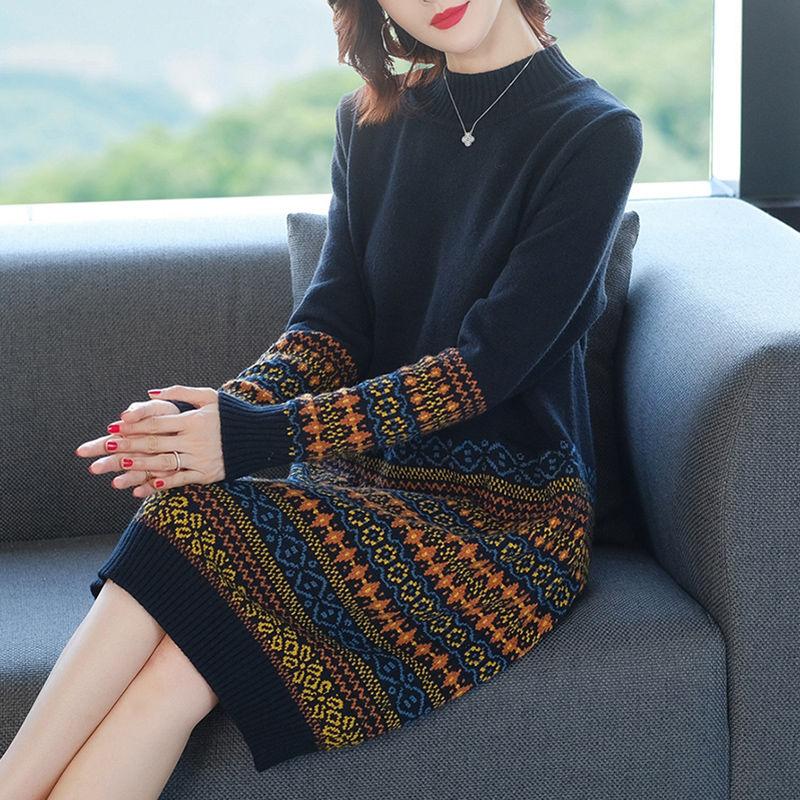 Women's Retro Rhombus Printed Sweater Long Jacquard Knitted Dress Pullover Sweater Dress with Pockets for Bottoming or Outer Wear