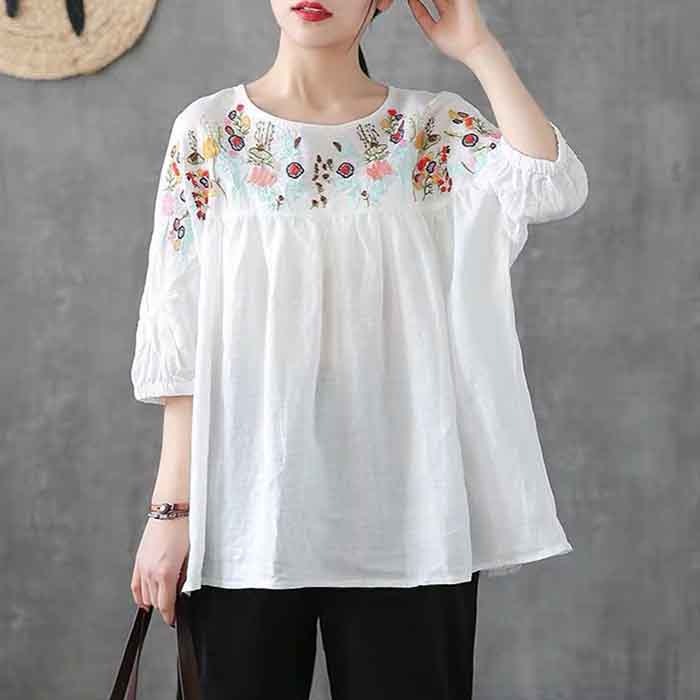 Retro Embroidered Round Neck Short Sleeve T-Shirt Women's Loose Shirt Summer Half Sleeve Cotton Top