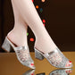 Plus Size 35-40 Women All-match Shiny Slippers Outdoor Diamond High Heels Bohemian Beach Wear-resistant Non-slip Slippers Mesh Sandals