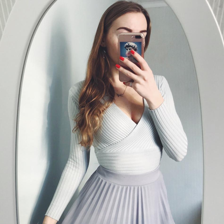 Sexy Lady Deep V-Neck Autumn Winter Cashmere Pullover Long Sleeve Jumper Crop Top