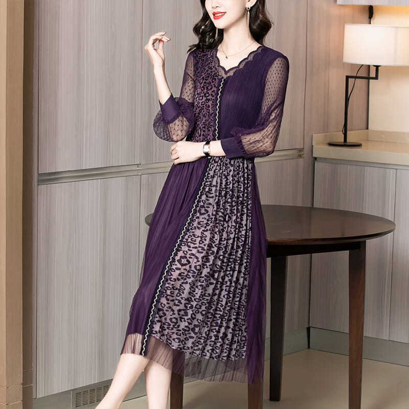 Lace Dress Female Spring Summer V-neck Leopard Print Over The Knee Long Skirt Purple Dress Mid-length Casual Large Size