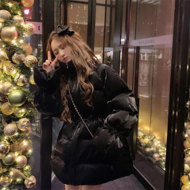 Women's Shiny Mid-length Down Jacket Winter Korean Style Loose Coat Quilted Jacket Warm Stand-collar Down Jacket