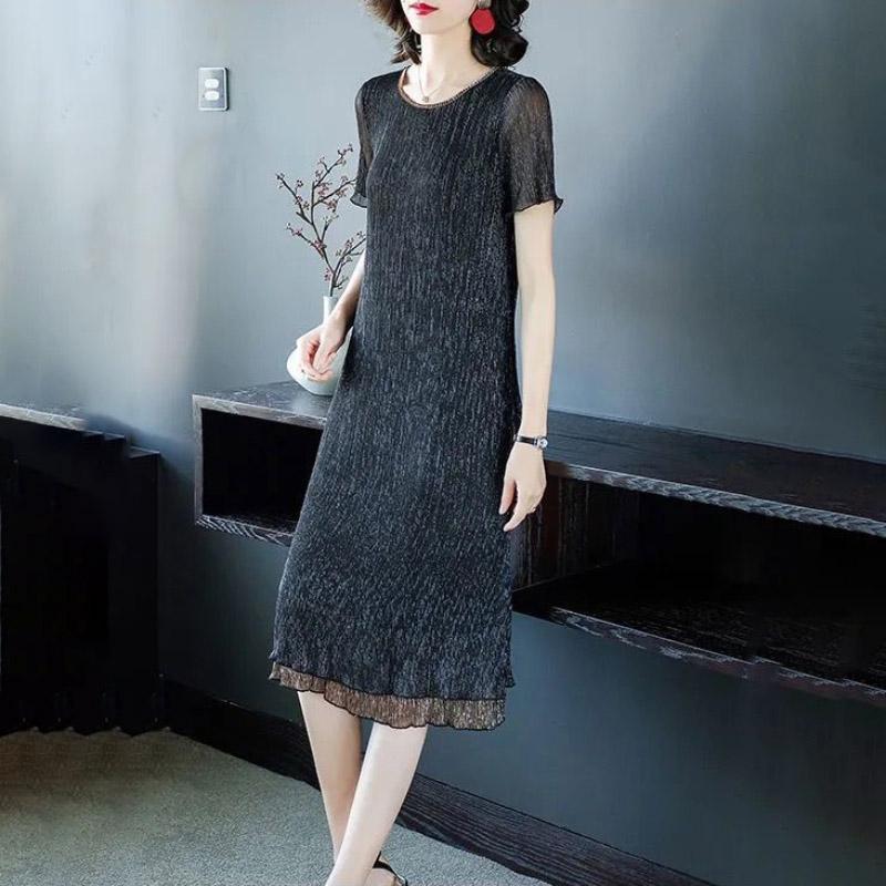 Summer Women Long Large Size Dresses Short Sleeves Solid Color Over-the-knee Long Skirts Casual Women's Pleated Skirts
