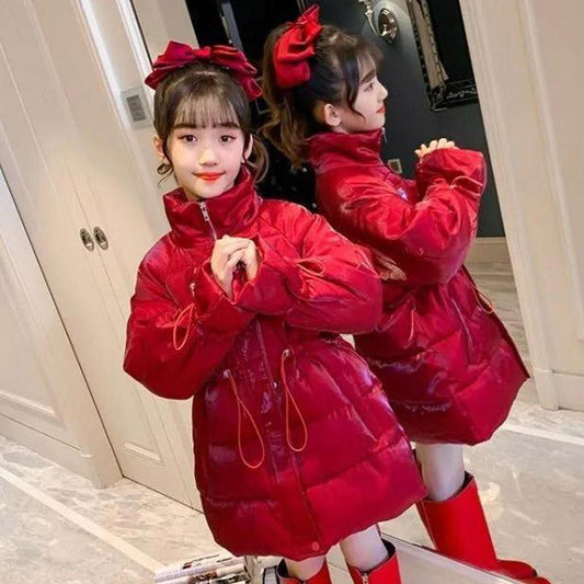 Girls' Cotton-padded Clothes Winter Children's Clothes Foreign Style Beautiful Red Girls' Down Jackets Plus Velvet Thickening Children Jackets