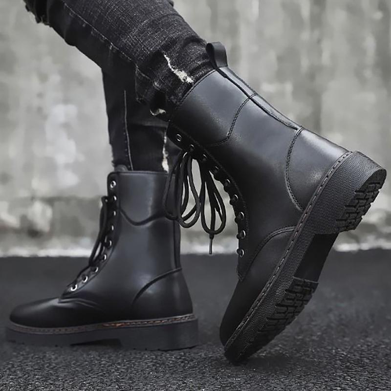 Autumn High-top Cowboy Boots All-match Outdoor Martin Boots Men's Casual British Tooling Leather Boots Men's Lace-up Black Handsome Motorcycle Boots