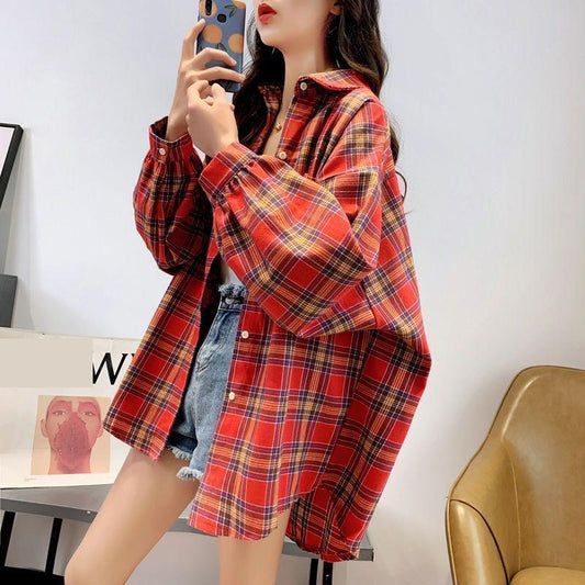 Loose Long-sleeved Jacket Plaid Shirt Plus Size Shirt Women Loose and Thin All-match Jacket Women Comfortable and Breathable